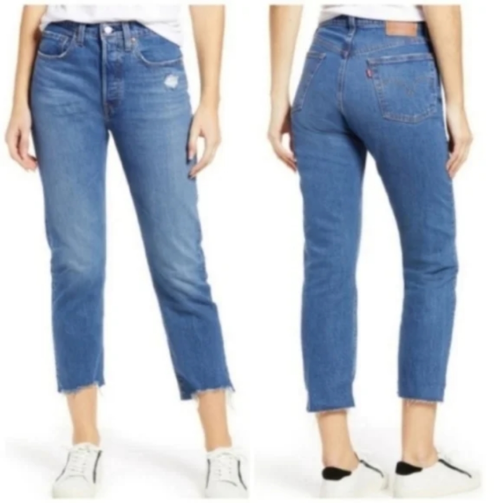 Levi's 501 Crop High Rise Denim Jeans Charleston Fun Mom 90s Straight Leg - Picture 2 of 10